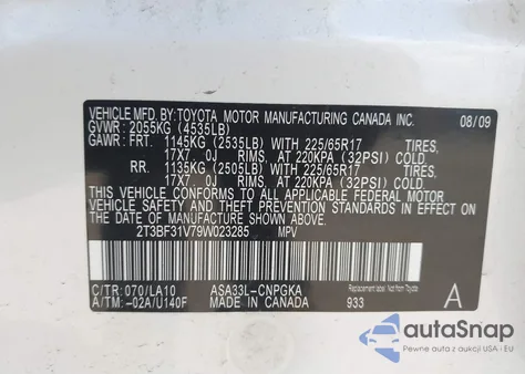 2009 Toyota Rav4 Limited from USA, damaged, VIN 2T3BF31V79W023285